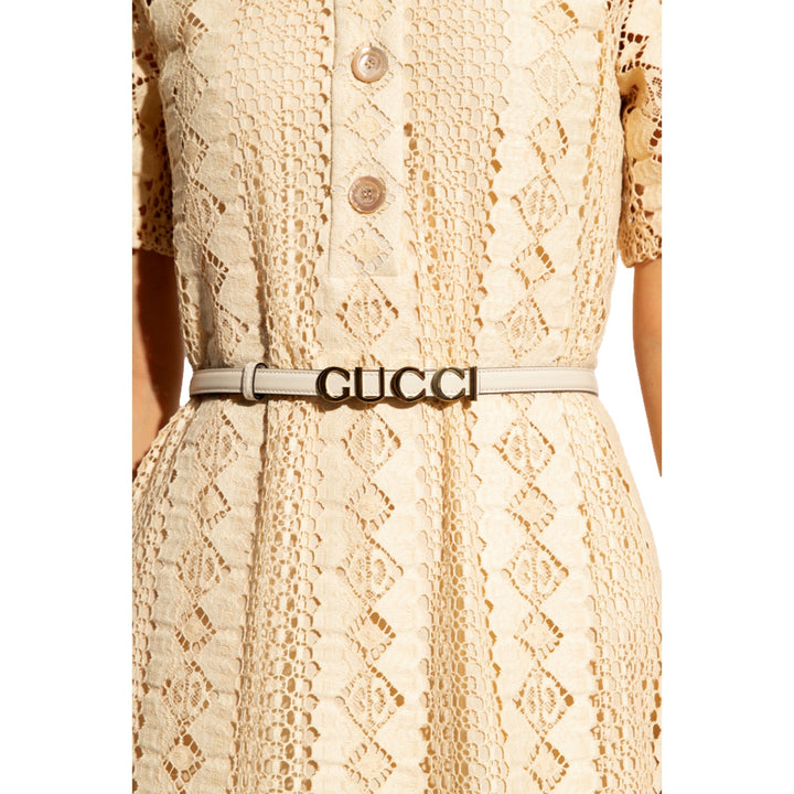 Gucci Cream Thin Leather Belt with Metal Gold Logo Lettering Size 85
