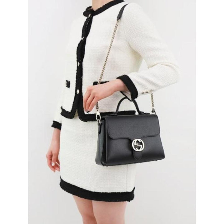 Gucci Interlocking G Black Calf Leather Chain Crossbody Bag Pre-owned