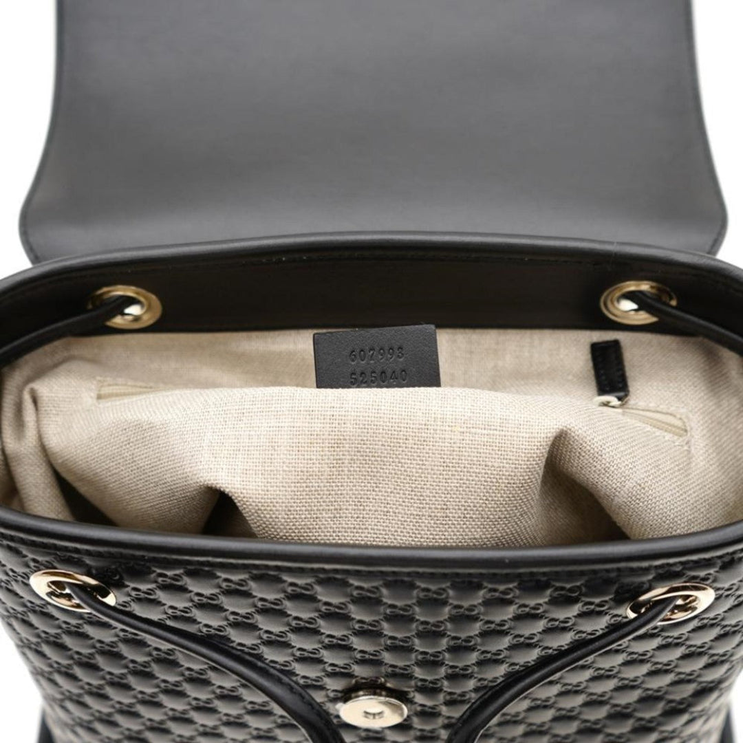 Gucci Microguccisima Black Leather Drawstring Backpack