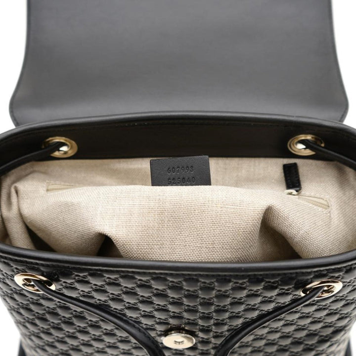 Gucci Microguccisima Black Leather Drawstring Backpack