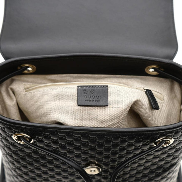 Gucci Microguccisima Black Leather Drawstring Backpack