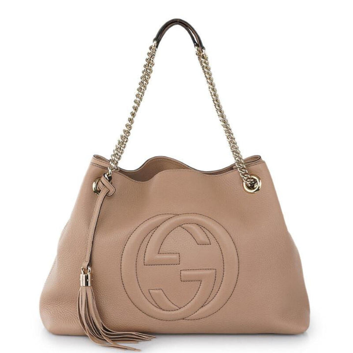 Gucci Soho Camelia Beige Cellarius GG Logo Leather Gold Chain Tote Bag