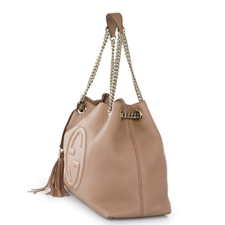Gucci Soho Camelia Beige Cellarius GG Logo Leather Gold Chain Tote Bag