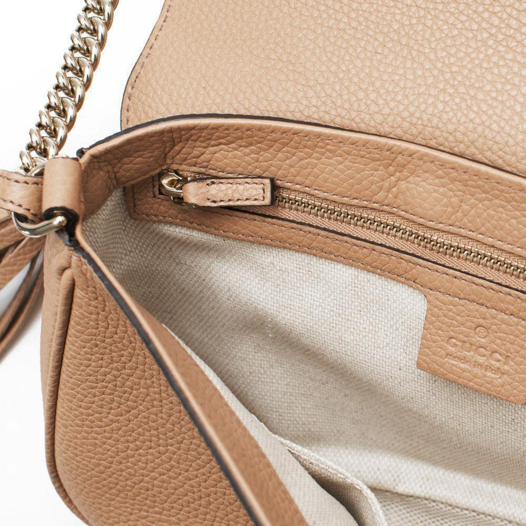 Gucci Soho Disco GG Tassel Gold Chain Crossbody Flap Bag Camelia Beige