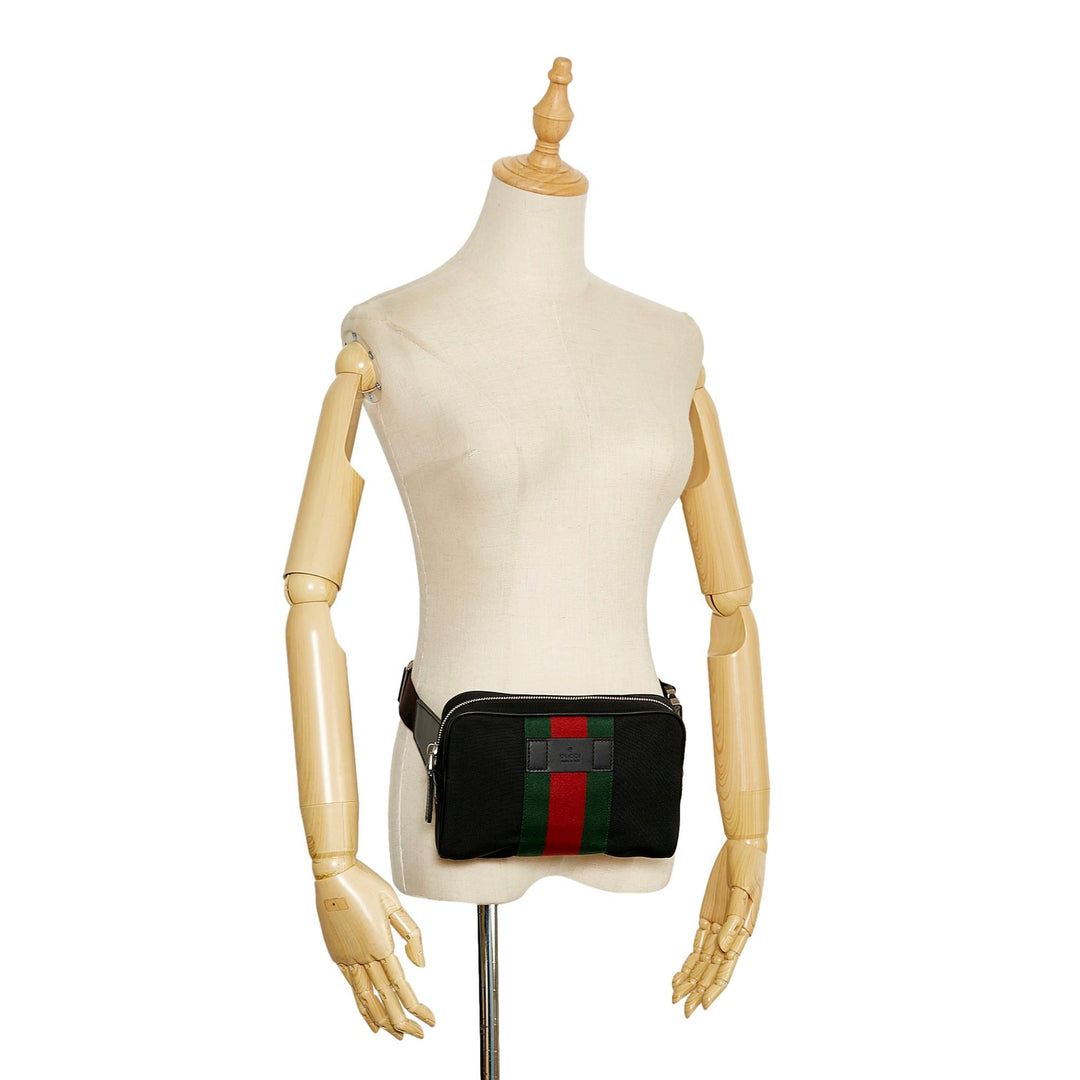 Gucci Techno Web Stripe Black Canvas Leather Trim Waist Belt Bag