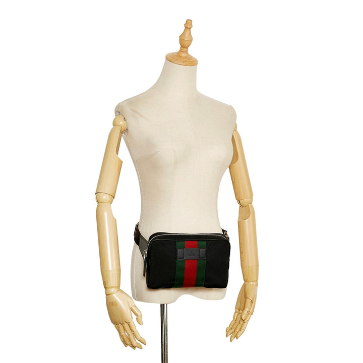 Gucci Techno Web Stripe Black Canvas Leather Trim Waist Belt Bag