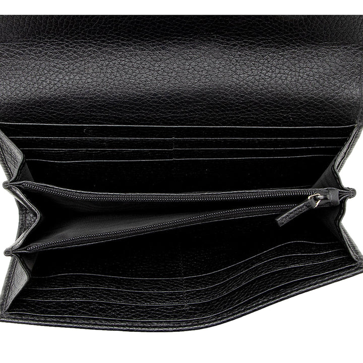 Gucci Soho Cellarius Black Long Flap Wallet Clutch Black Pebbled Leather