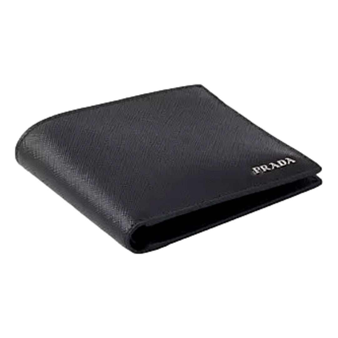 Prada Men's Black Grey Bicolor Saffiano Leather Logo Billfold Bifold Wallet