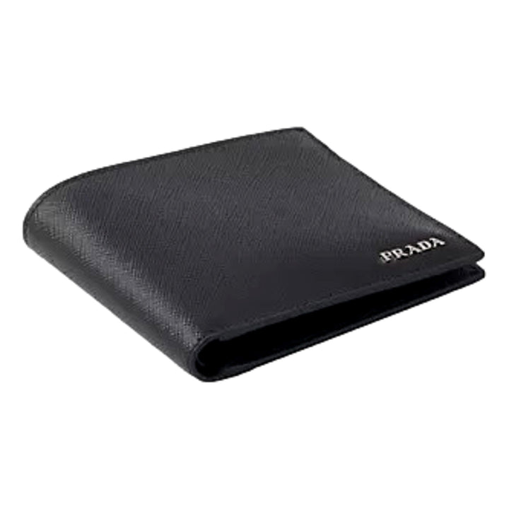 Prada Men's Black Grey Bicolor Saffiano Leather Logo Billfold Bifold Wallet
