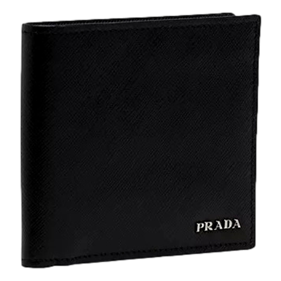 Prada Men's Black Grey Bicolor Saffiano Leather Logo Billfold Bifold Wallet