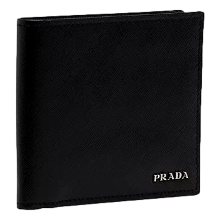 Prada Men's Black Grey Bicolor Saffiano Leather Logo Billfold Bifold Wallet