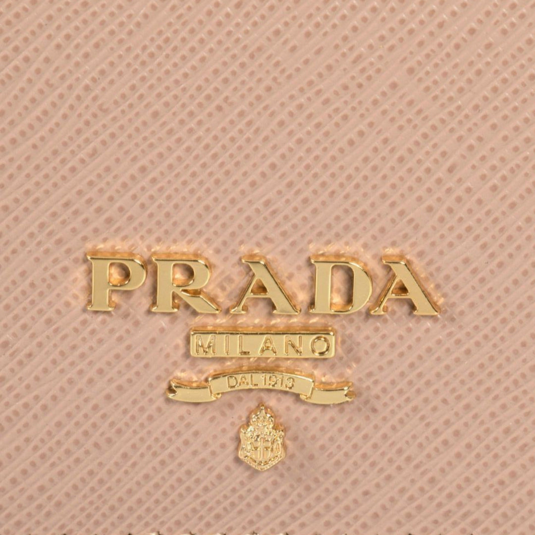 Prada Saffiano Leather Credit Card Holder Wallet Cammeo Beige Gold Logo