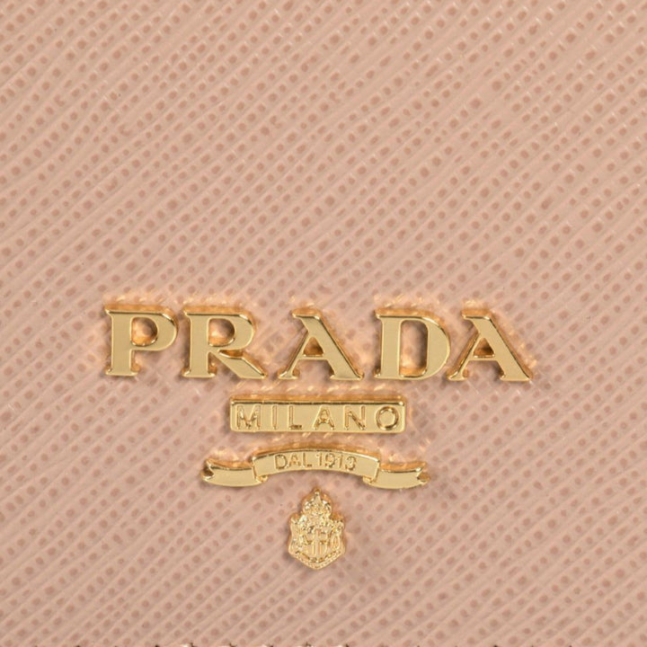 Prada Saffiano Leather Credit Card Holder Wallet Cammeo Beige Gold Logo