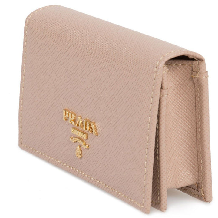Prada Saffiano Leather Credit Card Holder Wallet Cammeo Beige Gold Logo