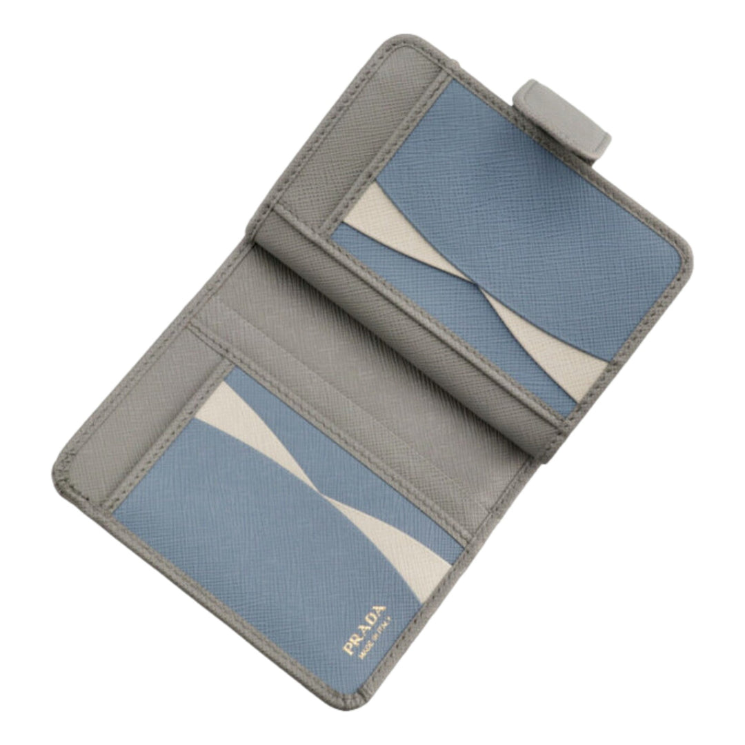 Prada Saffiano Leather Small Wallet with Zipper Argilla and Astrale Grey Blue
