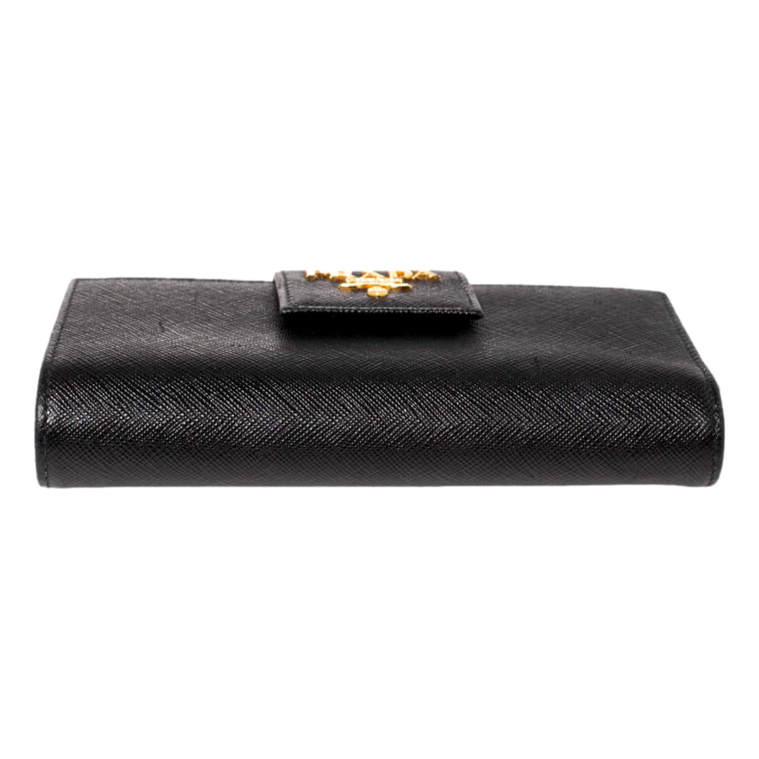 Prada Saffiano Leather Long Wallet Womens Nero Black and Gold
