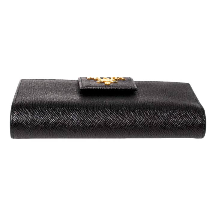 Prada Saffiano Leather Long Wallet Womens Nero Black and Gold