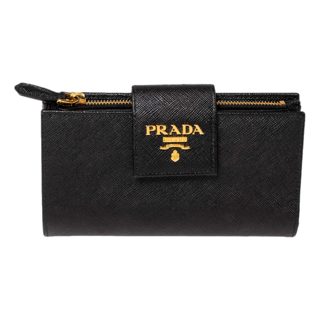 Prada Saffiano Leather Long Wallet Womens Nero Black and Gold