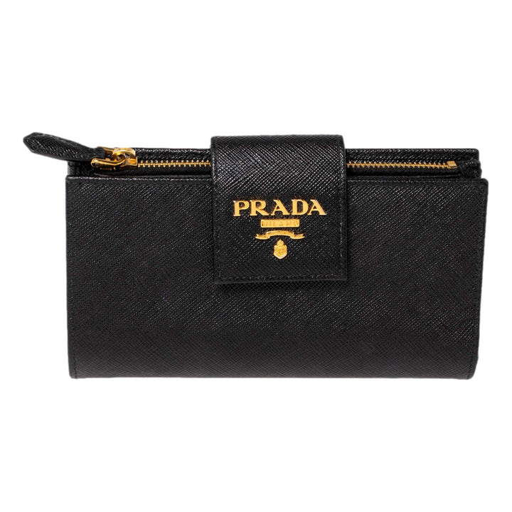 Prada Saffiano Leather Long Wallet Womens Nero Black and Gold