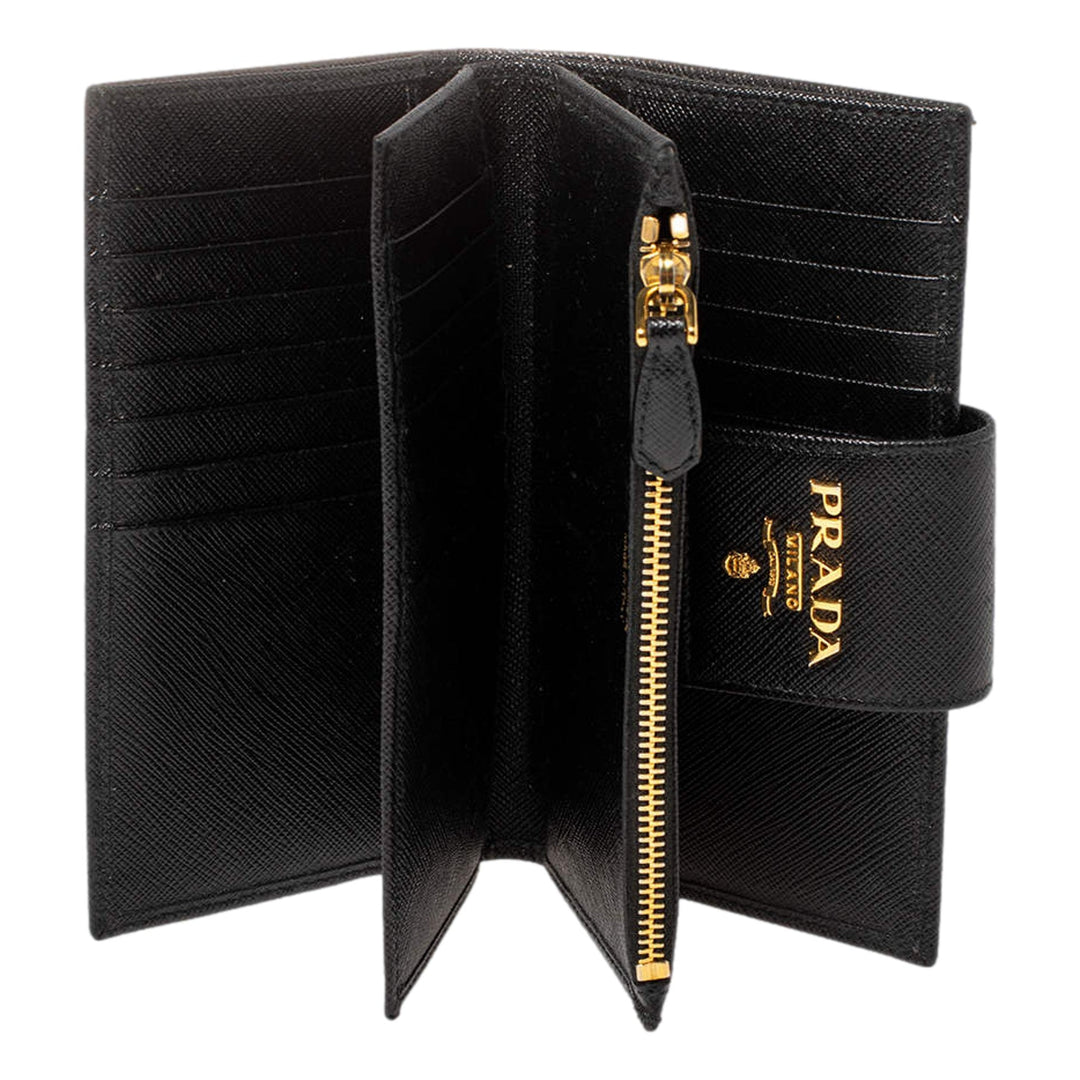 Prada Saffiano Leather Long Wallet Womens Nero Black and Gold