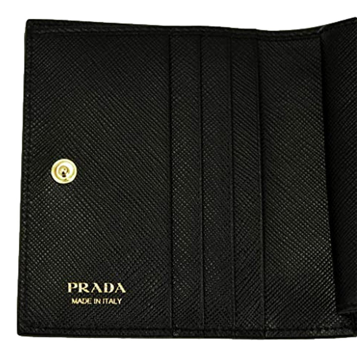 Prada Saffiano Black Leather and Black Logo Bifold Snap Wallet