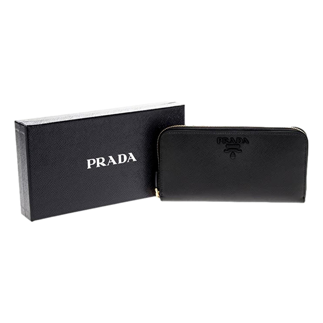 Prada Black Logo Saffiano Leather Zip Around Wallet 1ML506