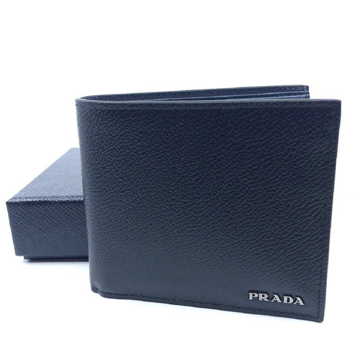 Prada Mens Baltico Blue Vitello Micro Grain Leather Bifold Wallet
