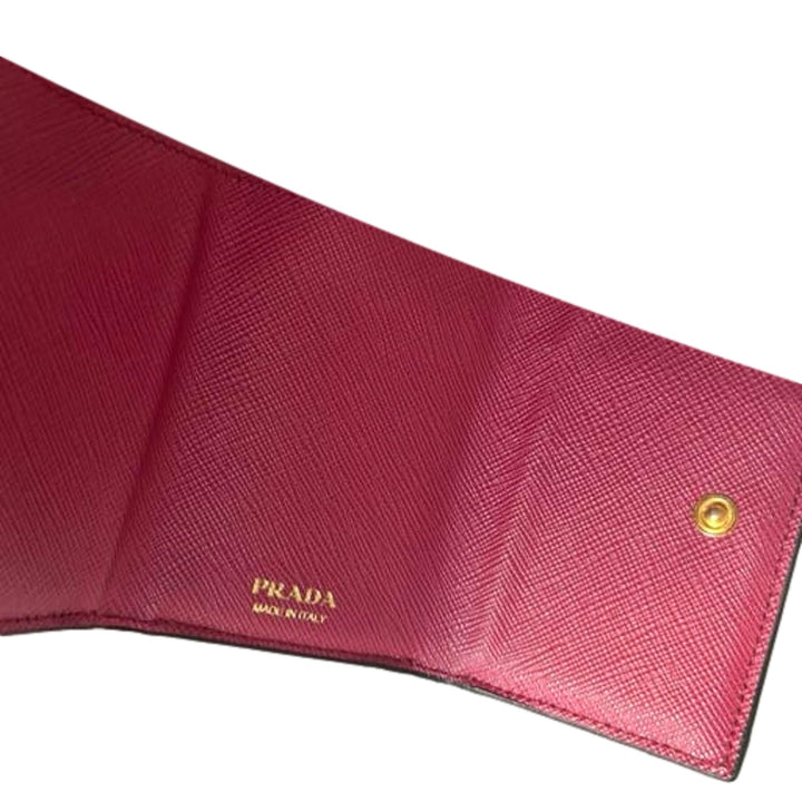 Prada Saffiano Metal Tri-Fold Envelope Card Holder Wallet Nero Black and Pink