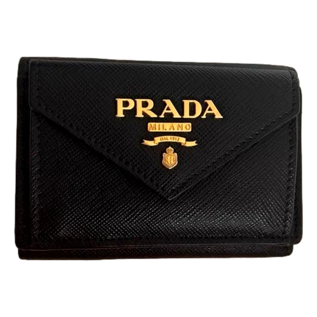 Prada Saffiano Metal Tri-Fold Envelope Card Holder Wallet Nero Black and Pink