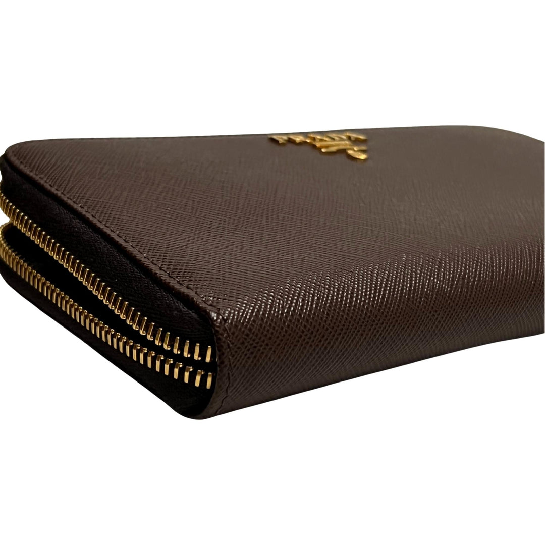 Prada Bruciato Brown Saffiano Leather Zip Around Continental Wallet
