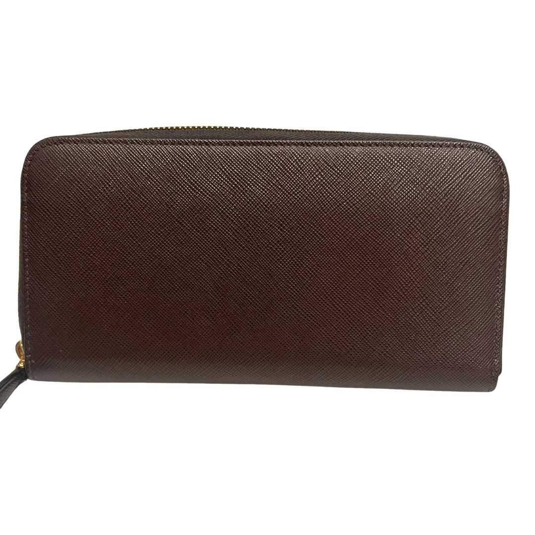 Prada Bruciato Brown Saffiano Leather Zip Around Continental Wallet