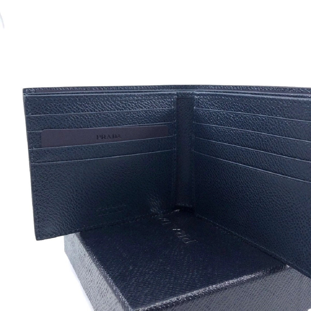 Prada Mens Baltico Blue Vitello Micro Grain Leather Bifold Wallet