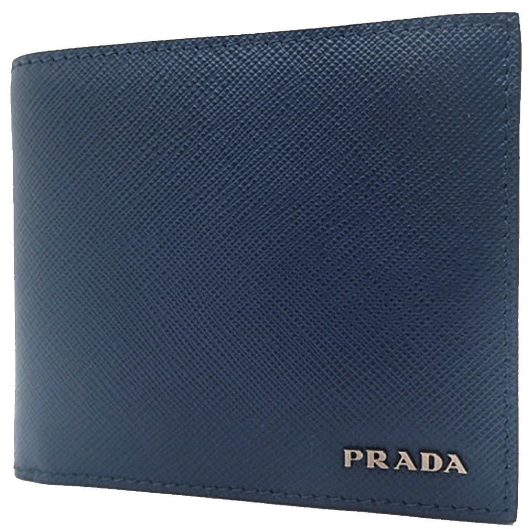 Prada Mens Baltico Blue Vitello Micro Grain Leather Bifold Wallet