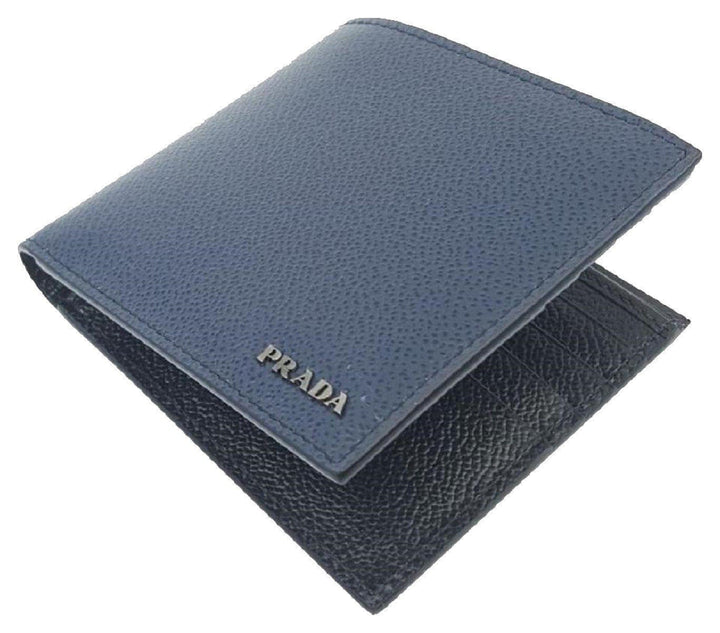 Prada Mens Baltico Blue Vitello Micro Grain Leather Bifold Wallet