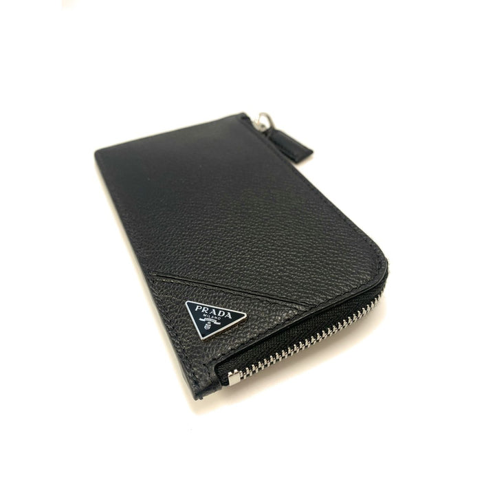 Prada Men's Vitello Micro Grain Black Leather Zipper Card Case Wallet