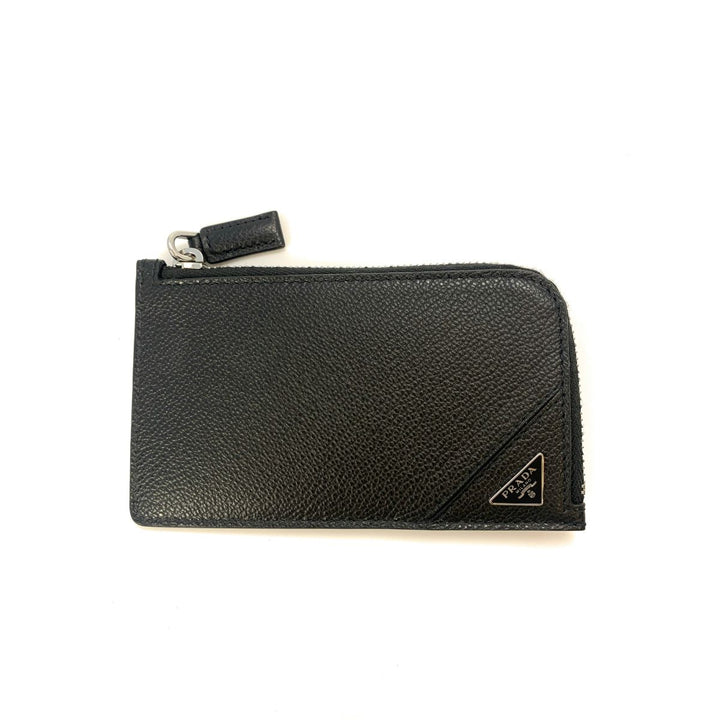 Prada Men's Vitello Micro Grain Black Leather Zipper Card Case Wallet
