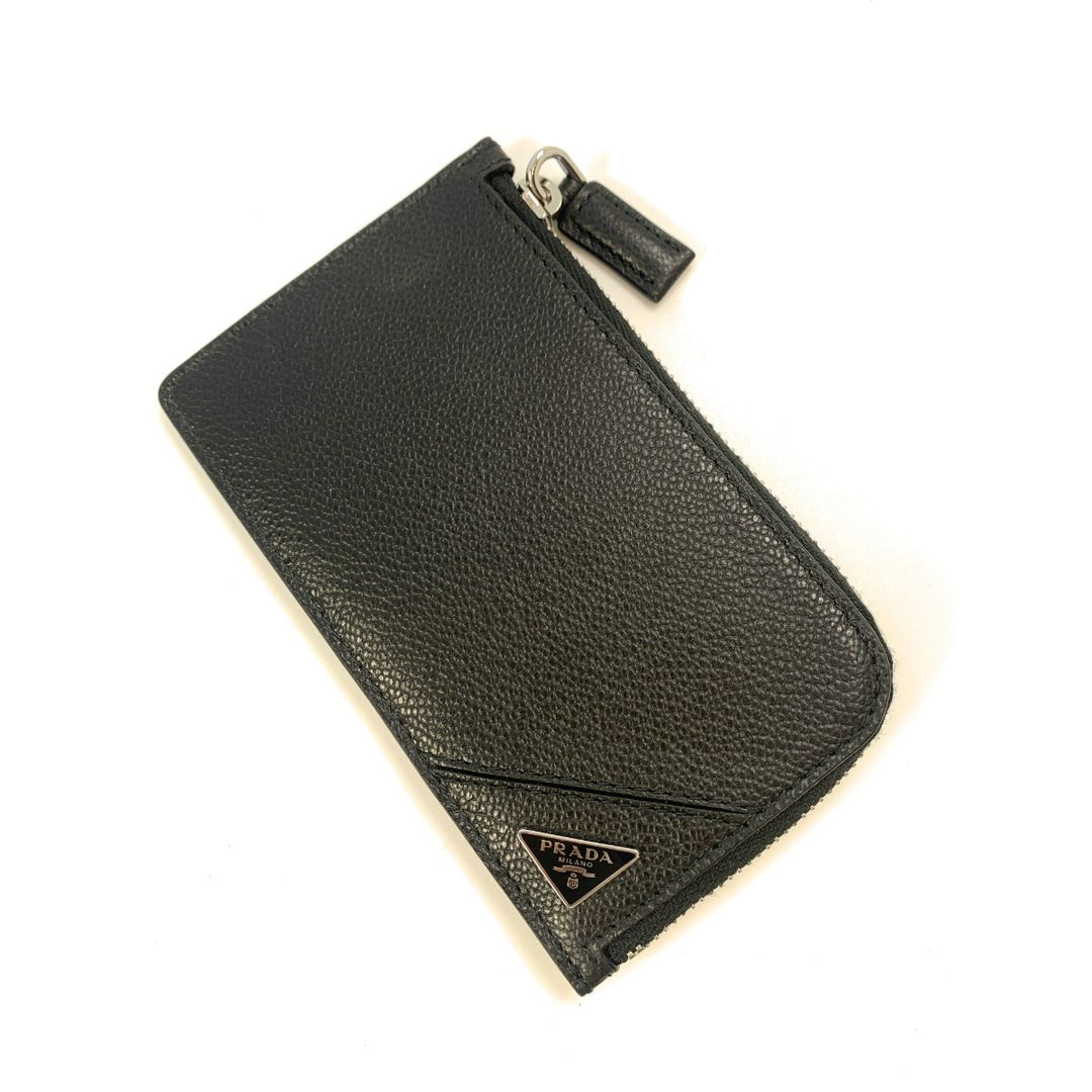 Prada Men's Vitello Micro Grain Black Leather Zipper Card Case Wallet