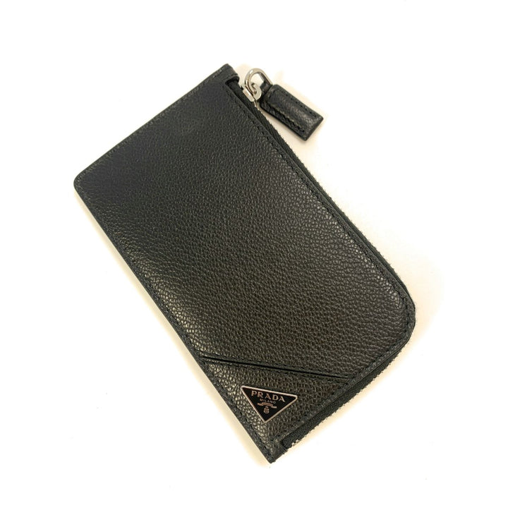 Prada Men's Vitello Micro Grain Black Leather Zipper Card Case Wallet