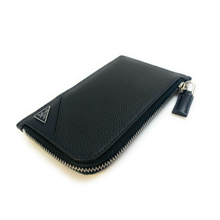 Prada Men's Vitello Micro Grain Black Leather Zipper Card Case Wallet