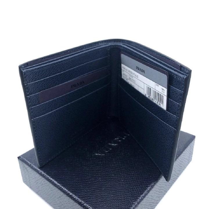 Prada Mens Bifold Black Vitello Micro Grain Leather Iconic Triangle Logo Wallet