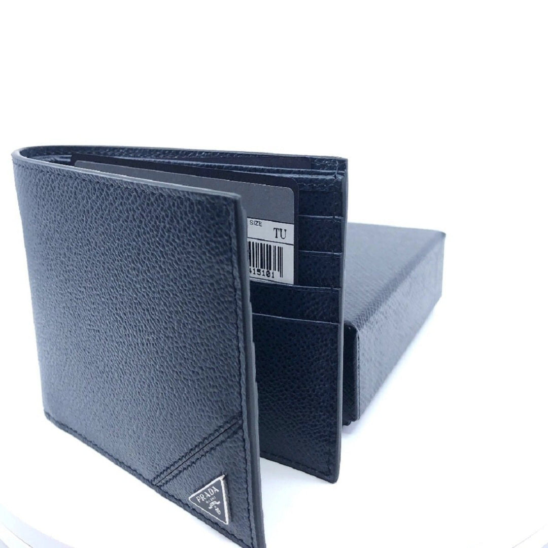 Prada Mens Vitello Micro Grain Navy Blue Leather Triangle Logo Bifold Wallet