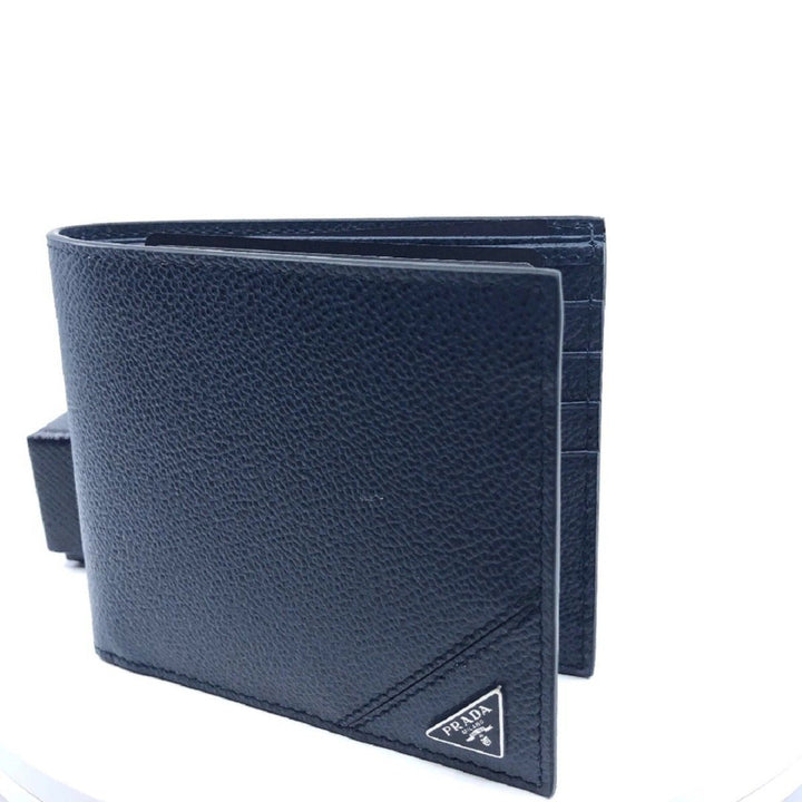 Prada Mens Vitello Micro Grain Navy Blue Leather Triangle Logo Bifold Wallet
