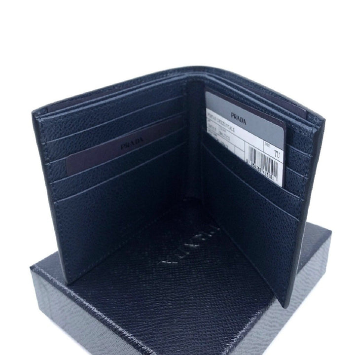 Prada Mens Vitello Micro Grain Navy Blue Leather Triangle Logo Bifold Wallet