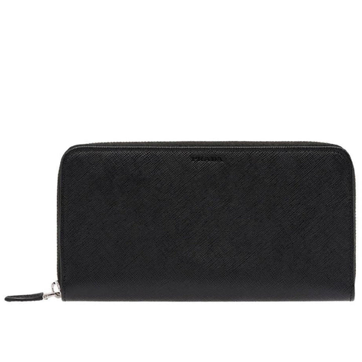 Prada Saffiano Active Black Leather Stripe Zip Around Wallet