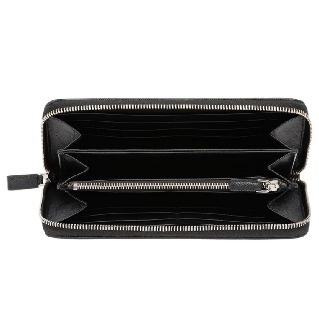 Prada Saffiano Active Black Leather Stripe Zip Around Wallet