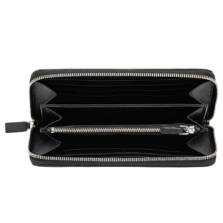 Prada Saffiano Active Black Leather Stripe Zip Around Wallet
