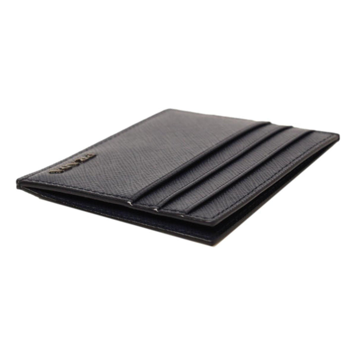 Prada Saffiano Mens Baltico Blue Credit Card Wallet Silver Logo