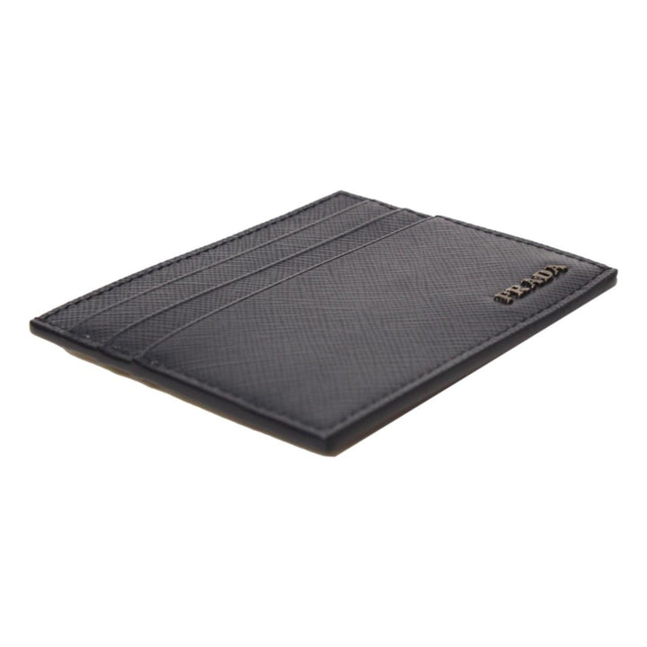 Prada Saffiano Mens Baltico Blue Credit Card Wallet Silver Logo