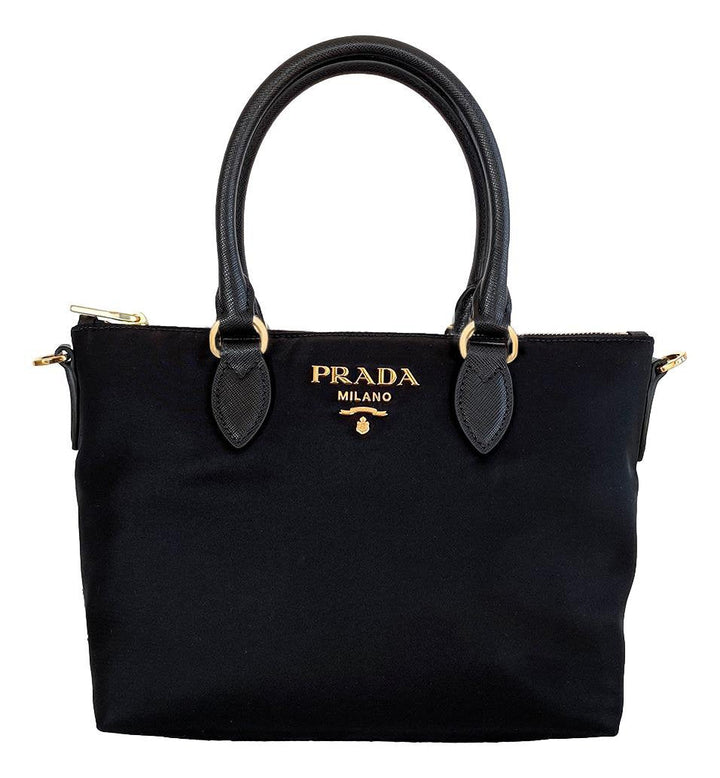 Prada Tessuto Nylon Black Saffiano Leather Trim Small Satchel 1BA275