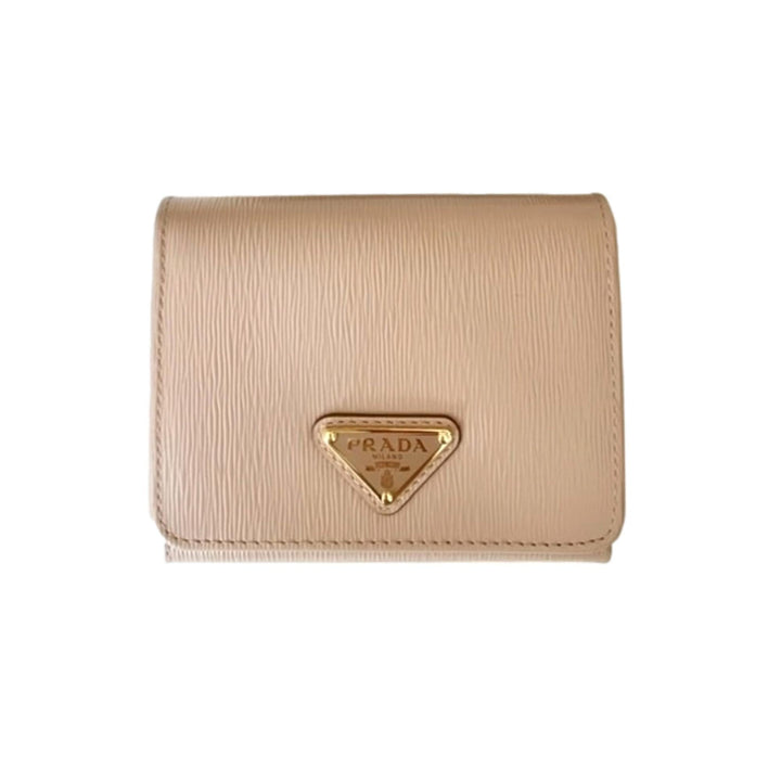 Prada Vitello Move Cipria Beige Leather Triangle Logo Small Trifold Wallet